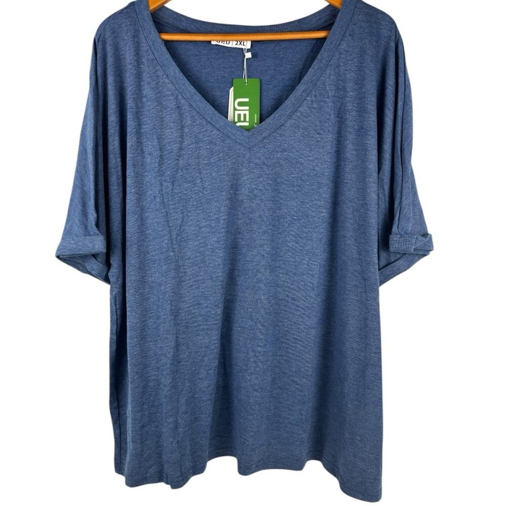 NWT UEU Womens Oversized Blue V Neck Casual Shirts Short Sleeve, 2XL - Picture 3 of 7